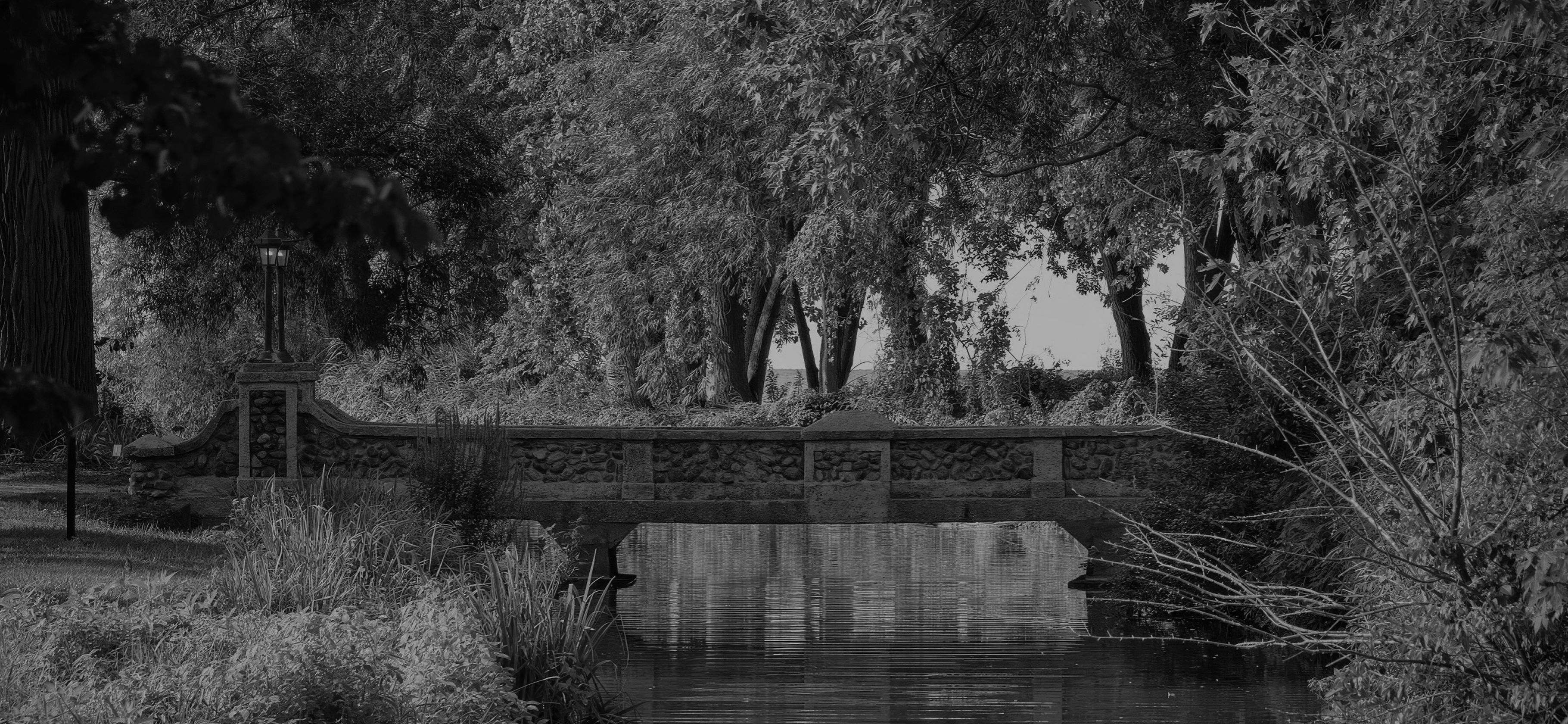 A stone footbridge over a tree-lined creek in Kingsville's Lakeside Park, with dense greenery on both banks.